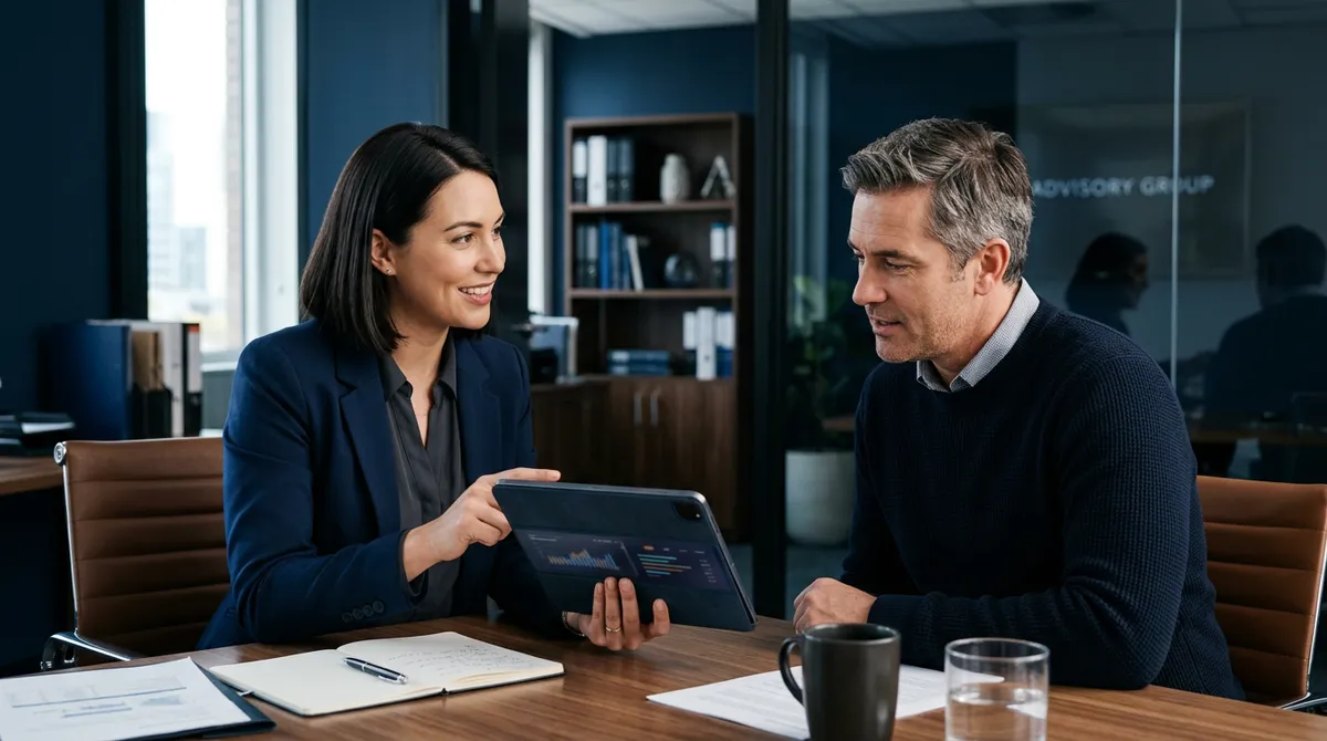 Konsultacja edukacyjna o warstwach polisy przy stole z tabletem